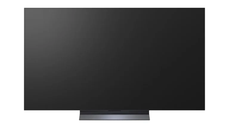 Televizorul LG OLED evo C6 de 55 inch (OLED55C6ELB), văzut din față, pe suportul central