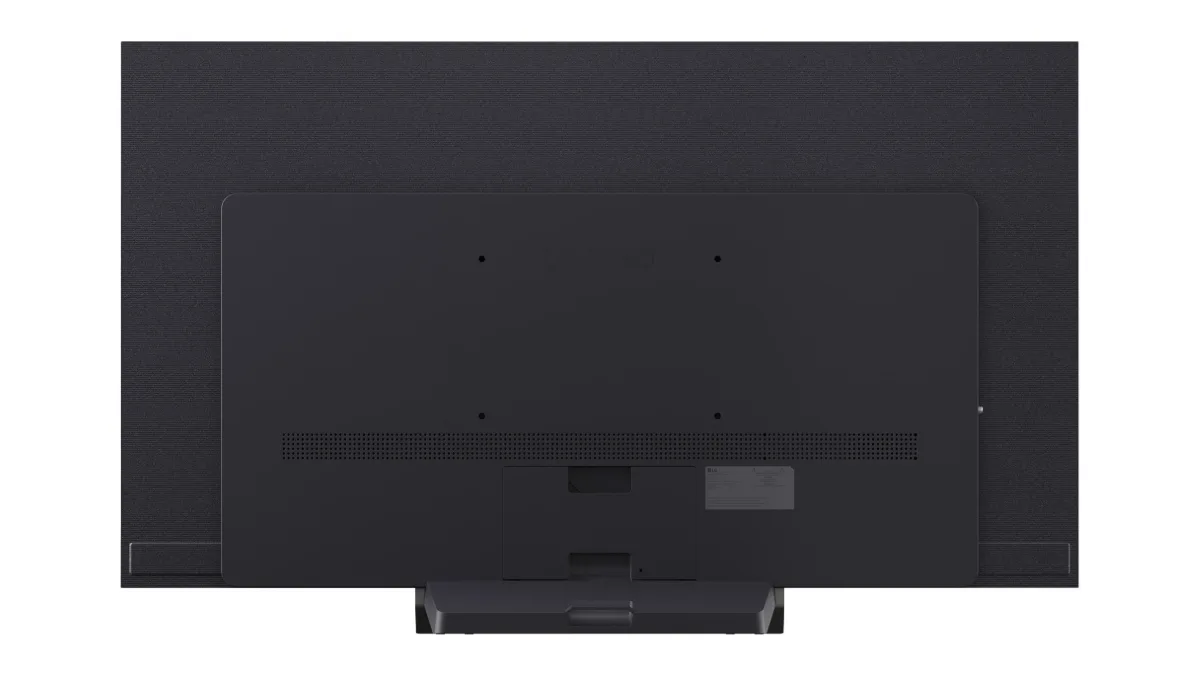Spatele televizorului LG OLED evo C6 de 55 inch, cu panoul plat și suportul central