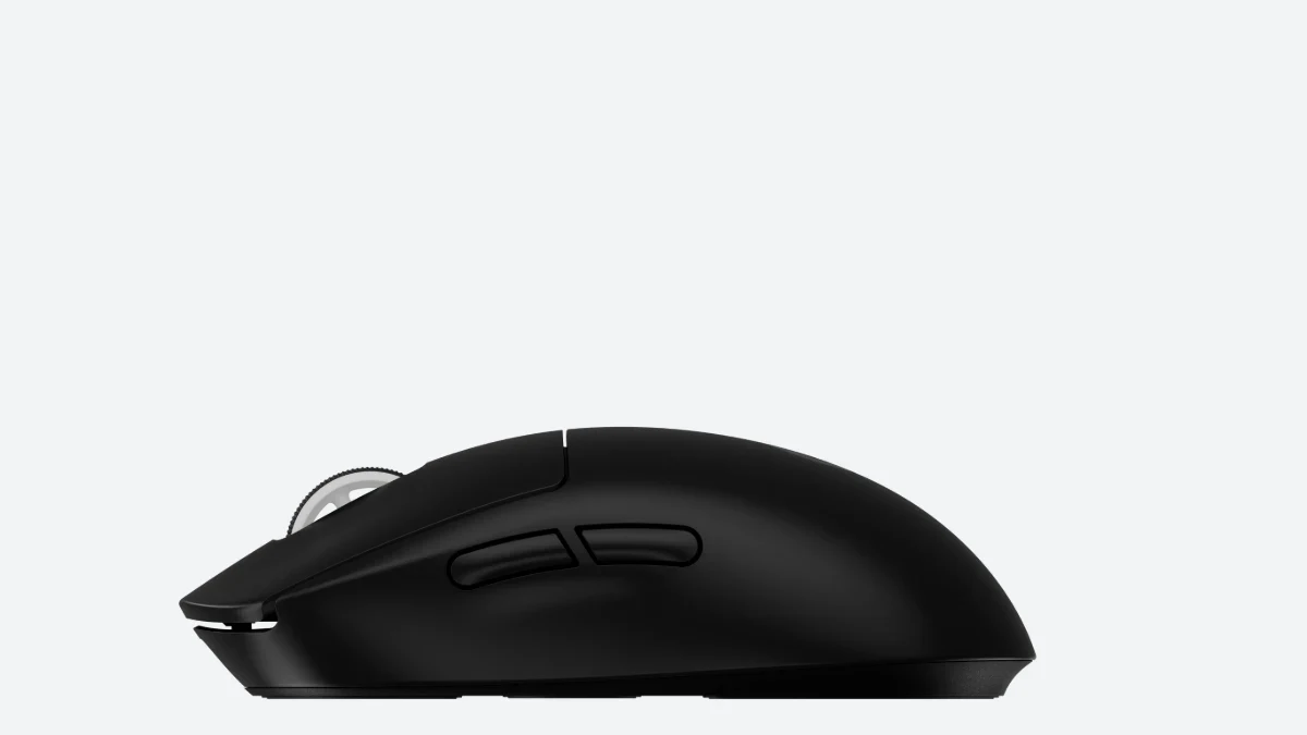 Butoanele laterale de pe partea stângă a mouse-ului Logitech G Pro X Superlight 2 negru, văzut din lateral