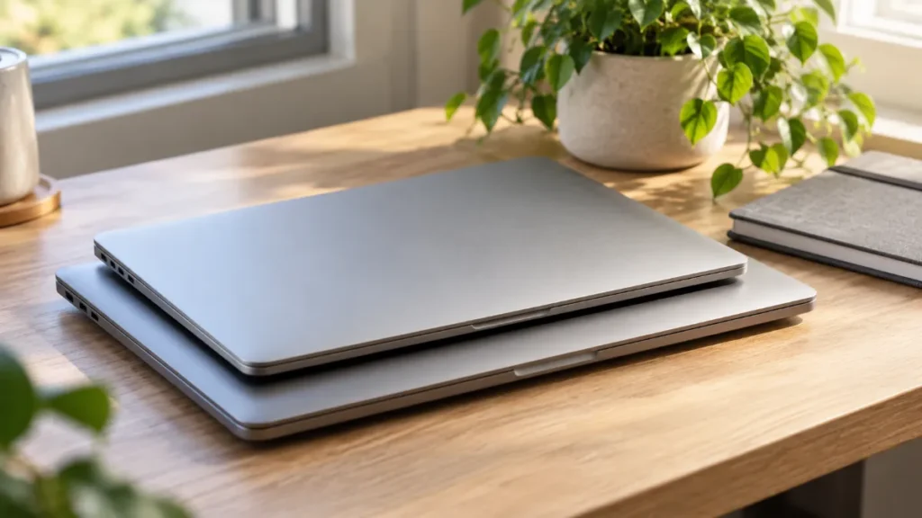 Două laptopuri subțiri din aluminiu, închise, de mărimi diferite, așezate unul peste altul pe un birou din lemn, lângă o plantă și un caiet gri