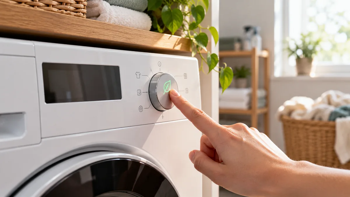 Deget care apasă butonul programului eco pe panoul unei mașini de spălat albe