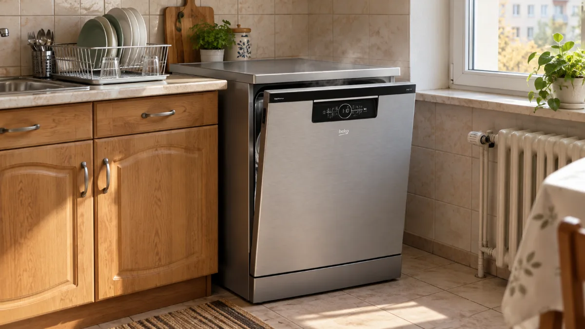 Mașina de spălat vase independentă Beko BDFN36560XWP, în finisaj inox, la capătul blatului într-o bucătărie mai veche, cu ușa întredeschisă