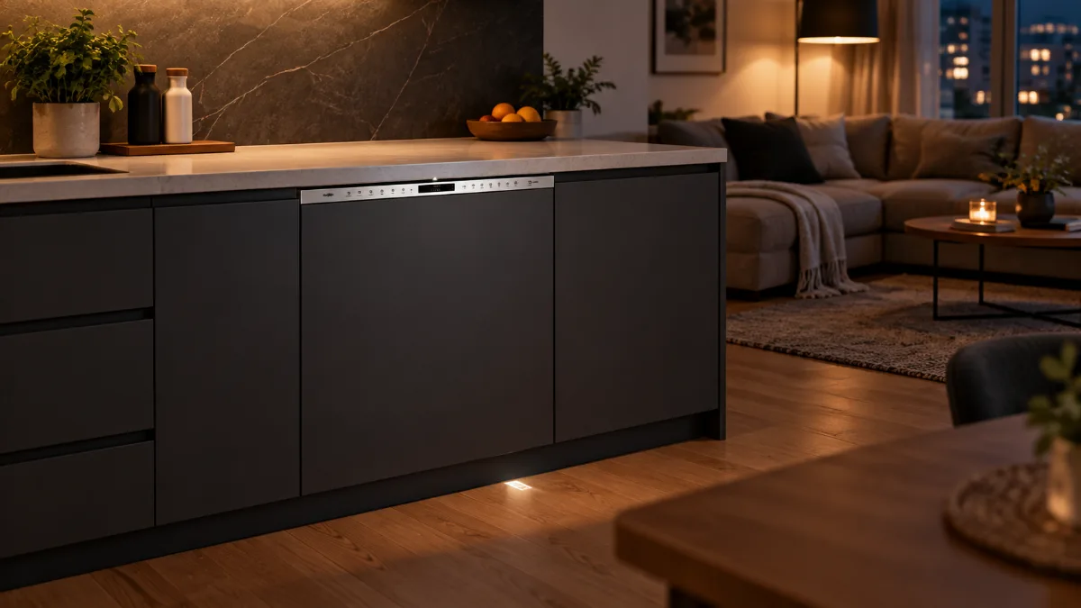 Mașina de spălat vase Bosch Seria 8 SMV8YCX02E încorporată într-o bucătărie deschisă spre living, noaptea, cu proiecția de lumină pe podea