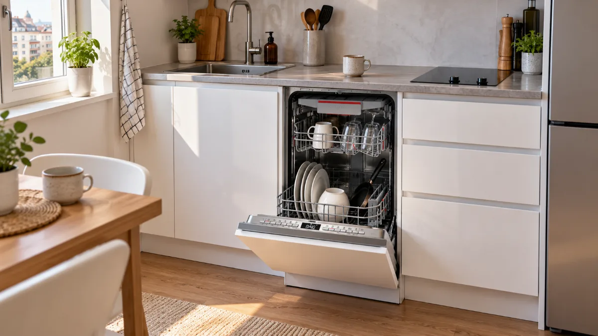 Mașina de spălat vase Bosch SPV4EMX62E de 45 cm, încorporată între dulapuri într-o bucătărie mică de garsonieră, cu ușa deschisă