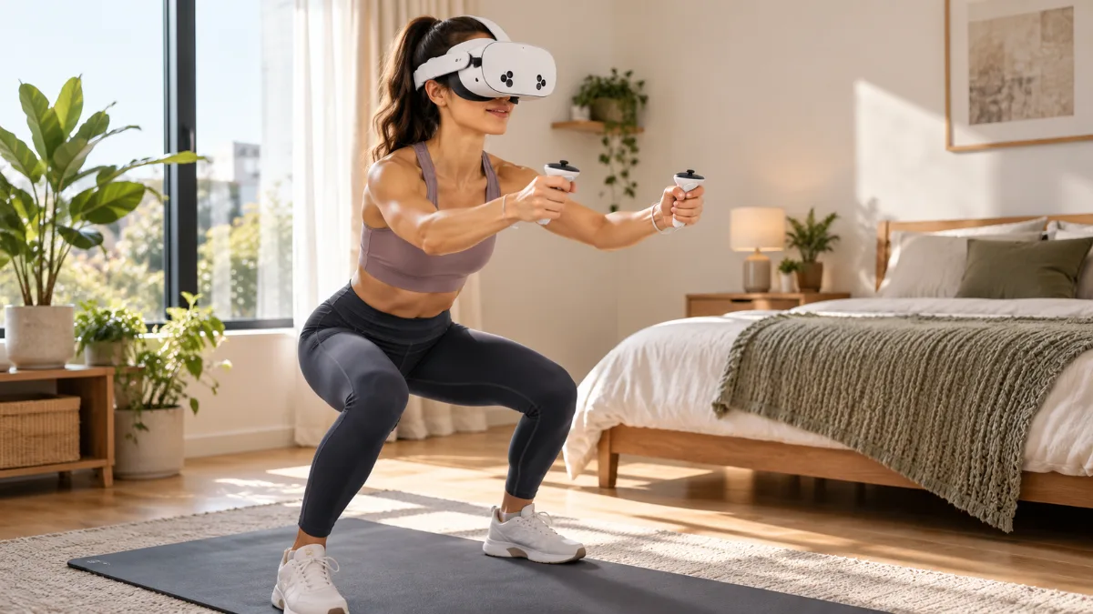 Femeie în echipament sport, într-un antrenament VR cu casca Meta Quest 3S, într-un dormitor luminos