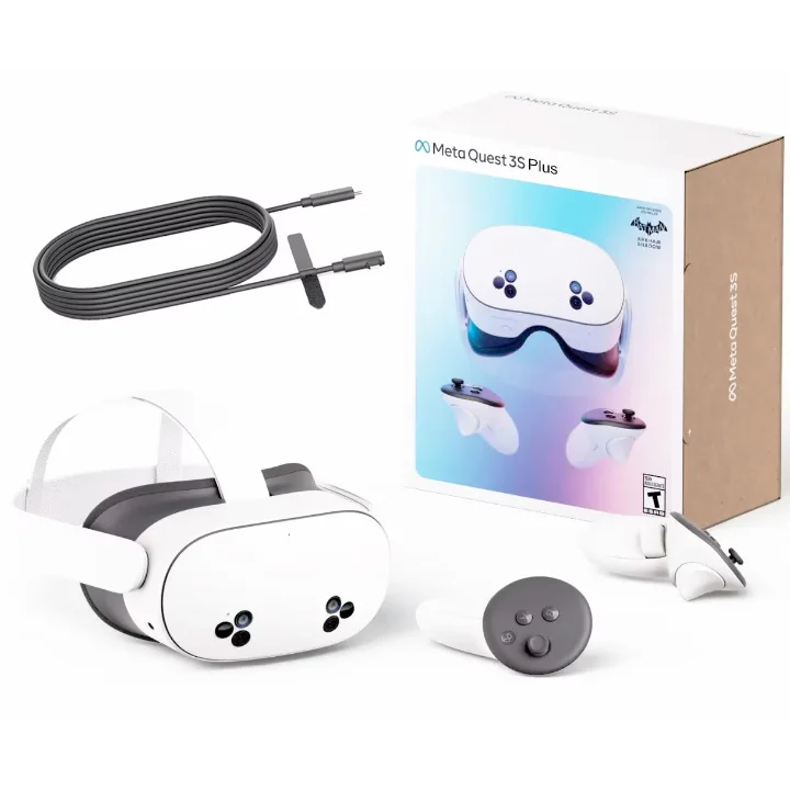 Set Meta Quest 3S Plus: cască VR albă, controlere și cablu Link