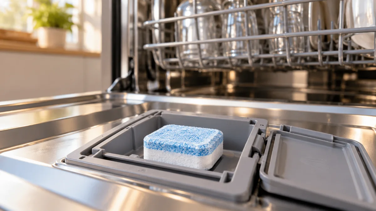 O tabletă de detergent albă și albastră în compartimentul deschis pentru detergent al unei mașini de spălat vase din inox
