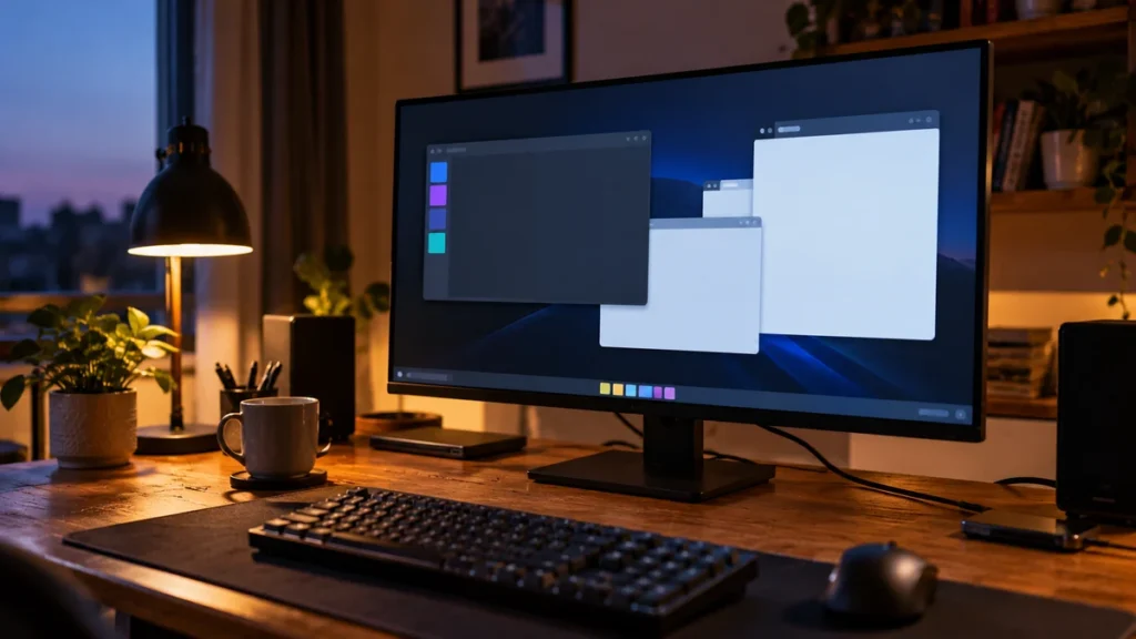 Monitor OLED de gaming pe un birou din lemn, seara, cu desktop Windows pe ecran, tastatură, mouse și o lampă aprinsă