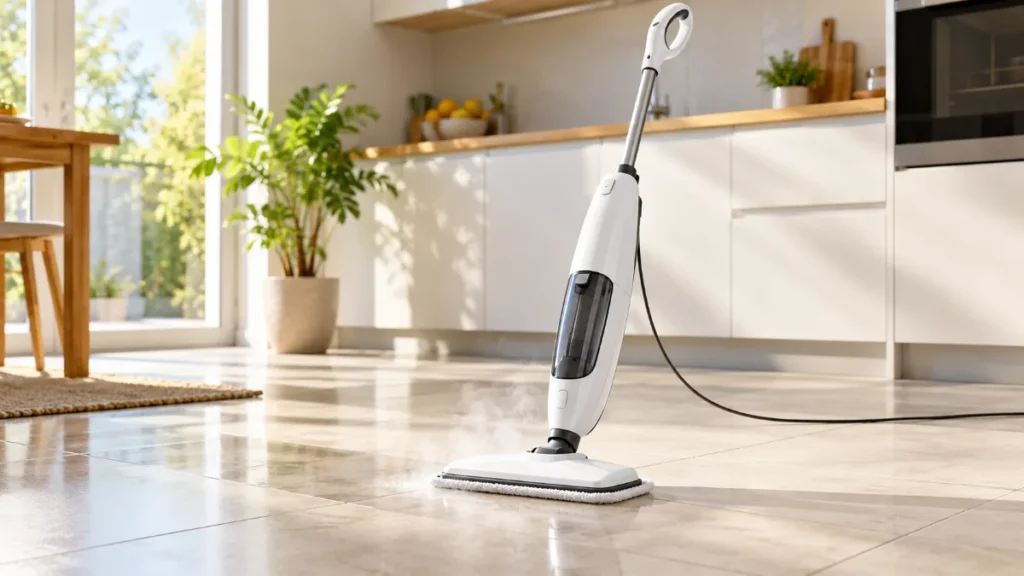 Un mop cu abur vertical, alb, fără marcă, pe o pardoseală din gresie deschisă într-o bucătărie luminoasă, cu abur ieșind de sub talpă