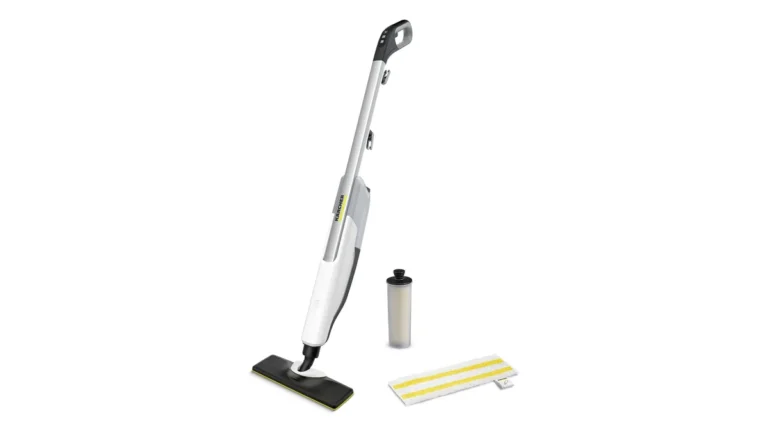 Mopul cu abur Kärcher SC 2 Upright, alb cu negru, cu laveta din microfibră și cartușul de decalcifiere