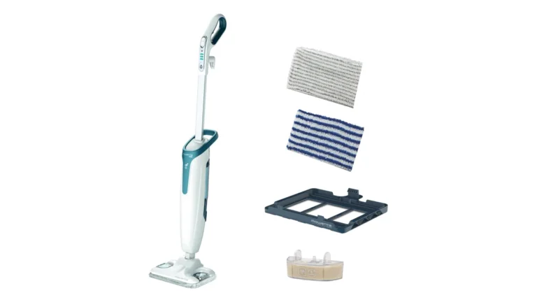 Mopul cu abur Rowenta Steam Power RY6597WH, alb cu albastru, cu lavetele și accesoriile lui