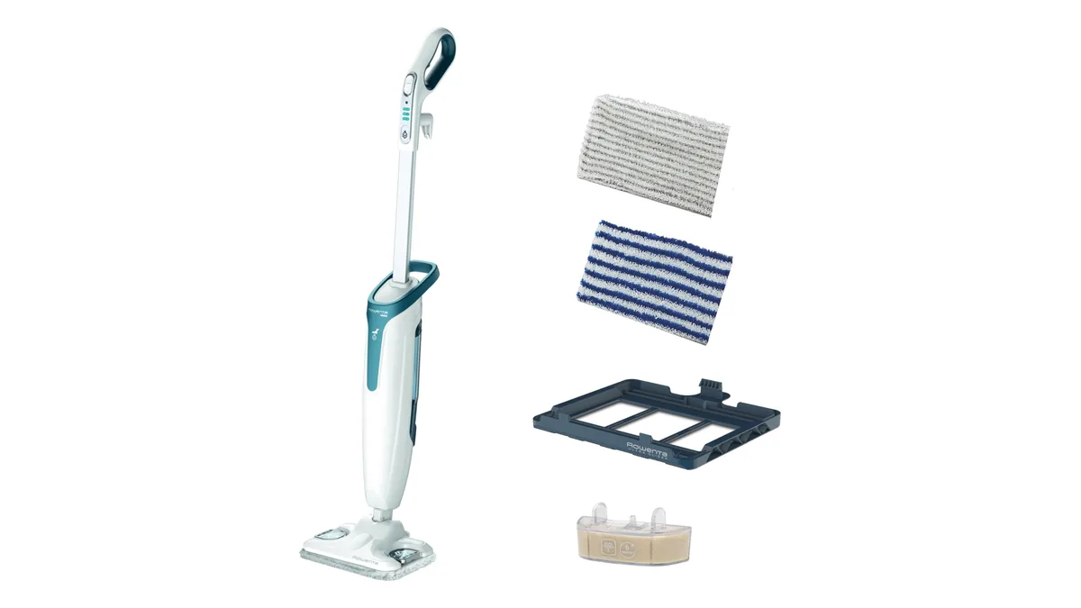 Mopul cu abur Rowenta Steam Power RY6597WH, alb cu albastru, cu lavetele și accesoriile lui