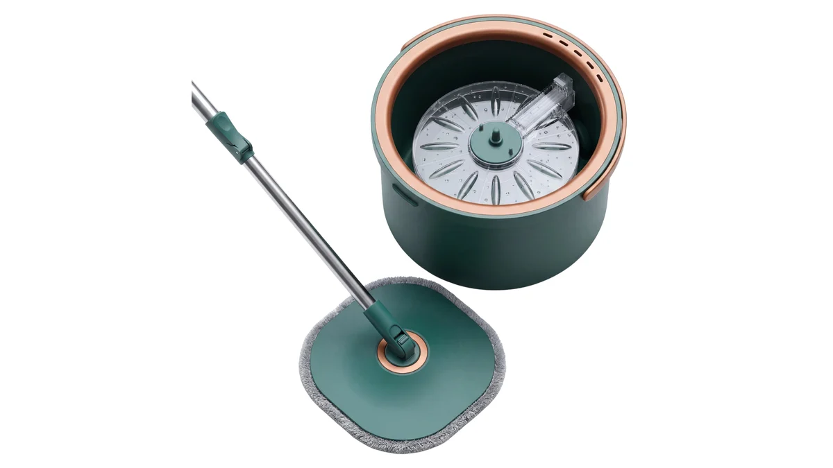 Mopul rotativ Dreamramp ONE, verde, cu găleata rotundă cu două compartimente și capul pătrat din microfibră