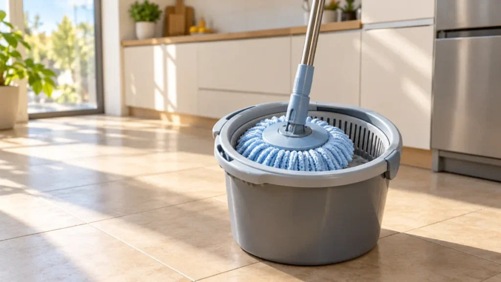 Un mop rotativ cu cap rotund din microfibră, fără marcă, stors într-o găleată rotundă gri pe gresia bej a unei bucătării luminoase
