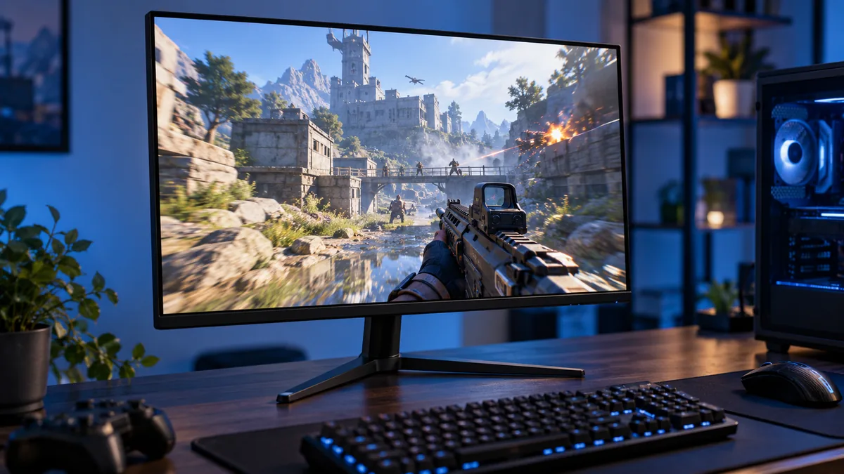 Monitor de gaming de 27 inch pe un birou întunecat, cu un shooter pe ecran și lumină ambientală albastră