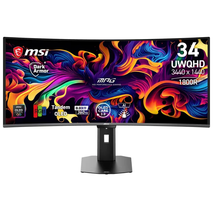 Monitor curbat MSI MPG 341CQR QD-OLED X36 de 34 inch, văzut din față