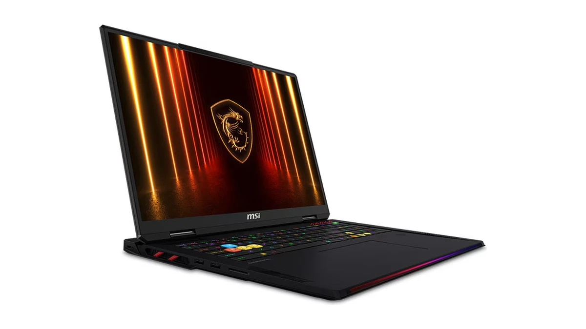 MSI Raider A18 HX A9WIG văzut din lateral, cu ecranul Mini LED de 18 inch deschis și bara de lumină din față