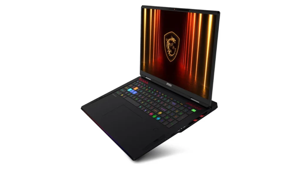 Laptopul MSI Raider A18 HX A9WIG deschis, văzut din unghi, cu ecranul de 18 inch pornit și tastatura RGB