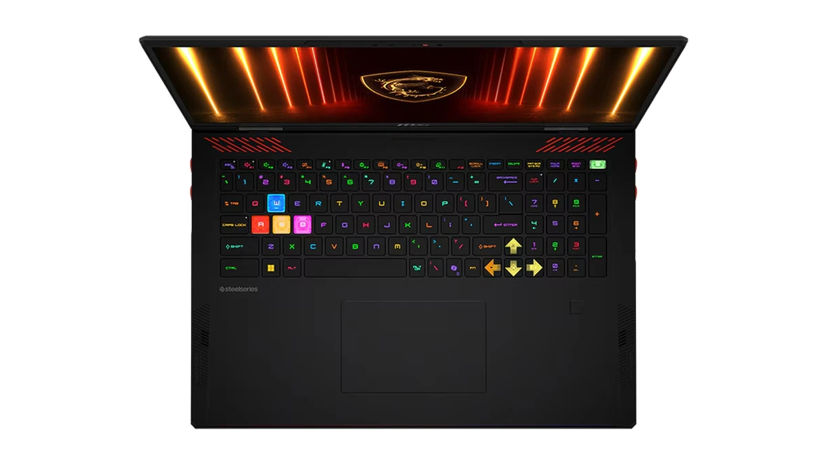 MSI Raider A18 HX A9WIG văzut de sus, cu tastatura RGB cu bloc numeric și touchpadul mare