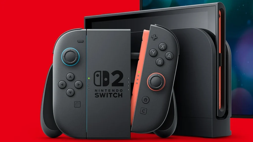 Nintendo Switch 2 cu Joy-Con 2 atașate pe grip, în fața dockului și a televizorului
