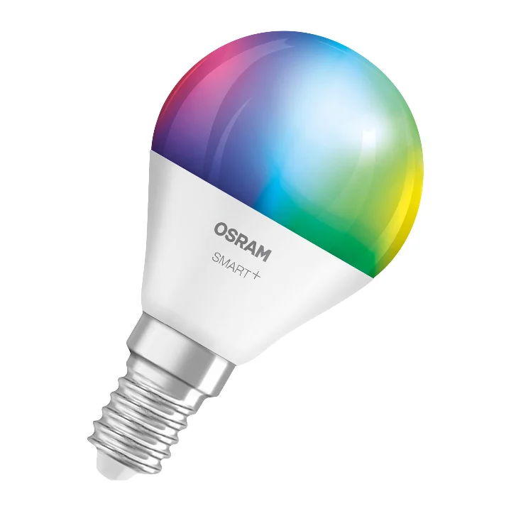 Becul smart OSRAM SMART+ Matter P40 cu soclu E14, aprins în mai multe culori
