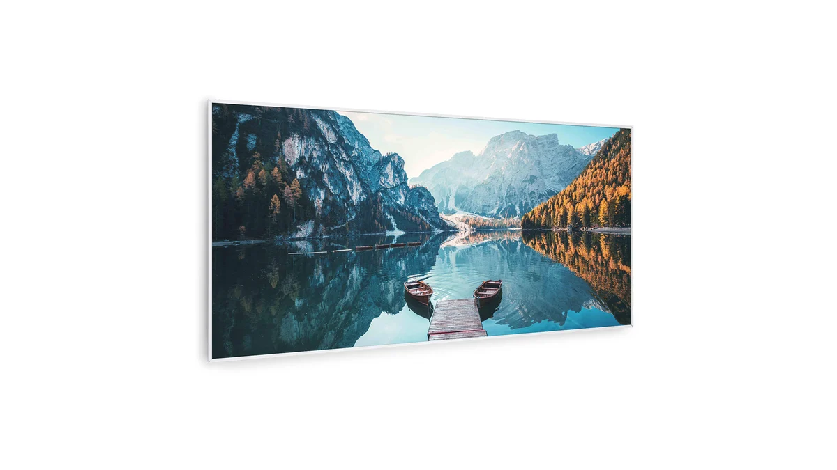 Panoul radiant Klarstein Wonderwall Air Art Smart de 120 x 60 cm, cu imprimeul unui debarcader pe lac de munte