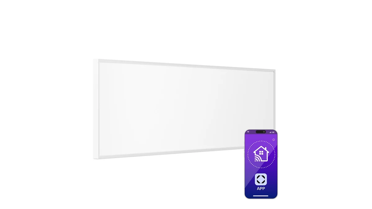 Panoul radiant îngust Klarstein Wonderwall Smart de 100 x 30 cm, alb, lângă un telefon cu aplicația de control