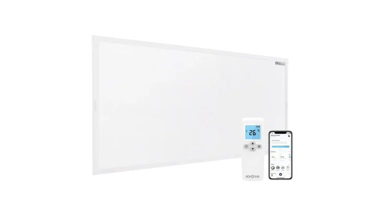 Panoul radiant NovoSun 750W alb, cu termostatul programabil și aplicația afișate alături