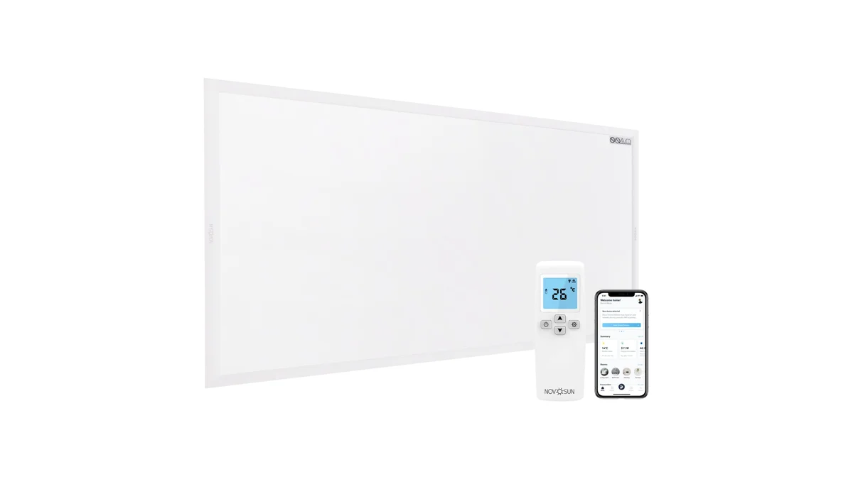 Panoul radiant NovoSun 750W alb, cu termostatul programabil și aplicația afișate alături