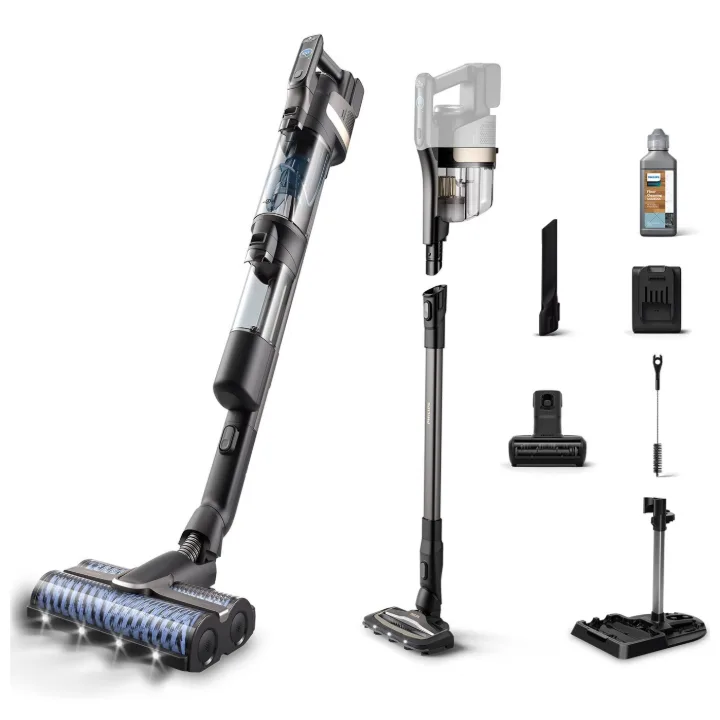 Aspirator vertical fără fir Philips AquaTrio seria 9000 negru, cu stația și accesoriile, pe fundal alb