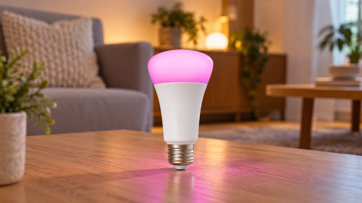 Un bec smart alb cu calota aprinsă în roz, cu soclu E27, așezat pe o masă de lemn într-un living luminos
