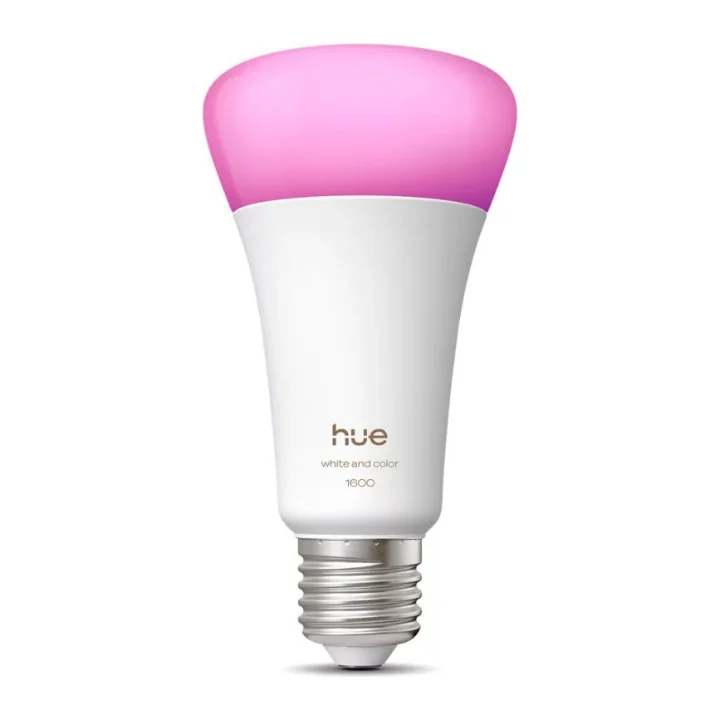 Becul smart Philips Hue White and Color Ambiance A67 cu soclu E27, aprins în roz