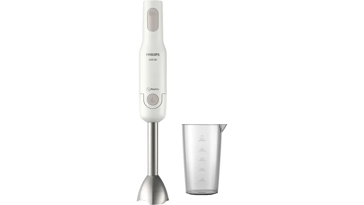 Blenderul vertical Philips ProMix HR2534/00, alb, lângă cana gradată inclusă
