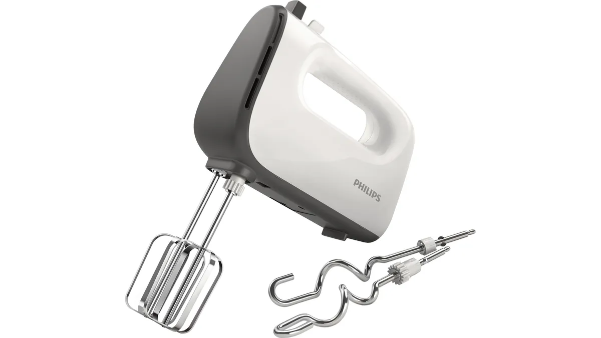 Mixerul de mână Philips Seria 5000 HR3740/00, alb cu gri, cu telurile conice și cârligele de frământat