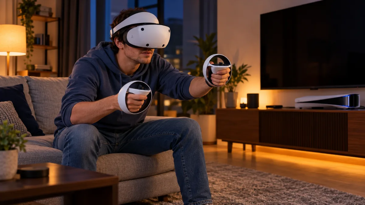Tânăr pe marginea canapelei cu casca PlayStation VR2 și controlerele Sense, cu o consolă albă sub televizor în spate