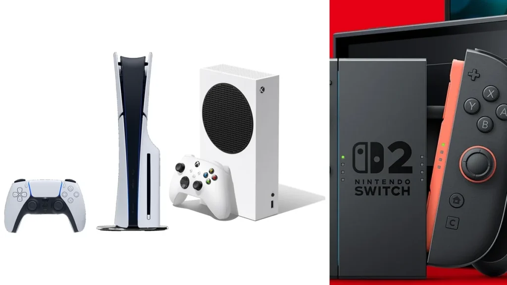 PlayStation 5 Slim cu DualSense, Xbox Series S cu controler wireless și Nintendo Switch 2 cu Joy-Con 2, fotografii de produs una lângă alta
