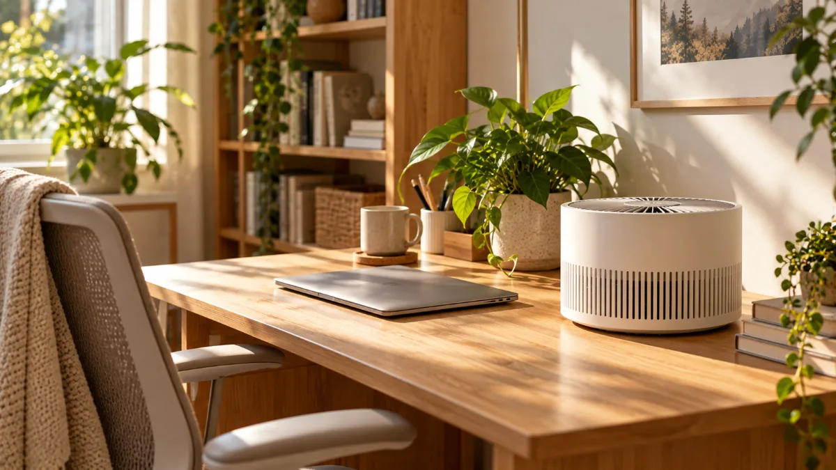 Colț de birou acasă, cu laptop și plante, și un purificator de aer compact, rotund, pe birou