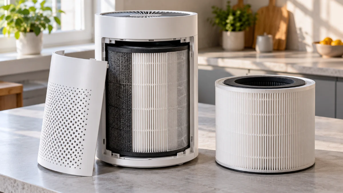 Purificator de aer cu capacul scos, care arată filtrul plisat alb învelit într-un strat gri închis de carbon activ, lângă un filtru de schimb