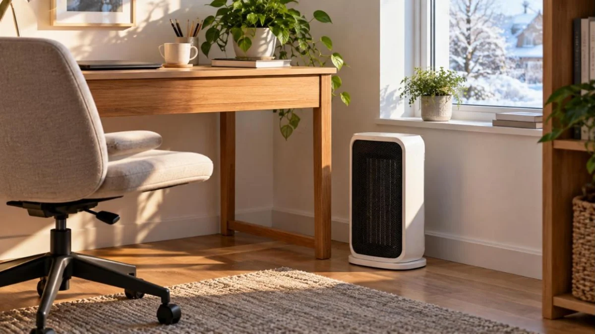 Cameră mică de studiu într-o dimineață de iarnă, cu un radiator ceramic compact, alb, pe podea lângă birou