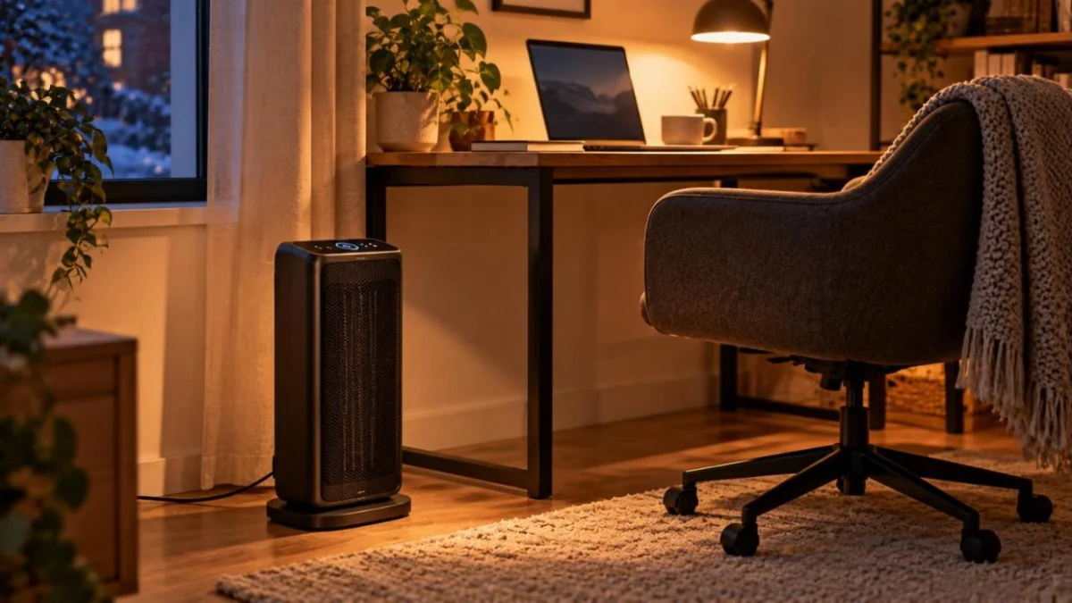 Colț de birou acasă seara, cu laptop și lampă, și un radiator ceramic compact, negru, pe podea lângă scaun