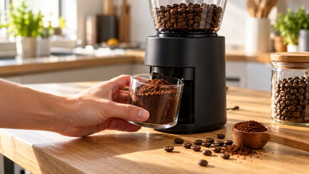 O mână scoate un recipient de sticlă plin cu cafea proaspăt măcinată de sub o râșniță electrică neagră, pe un blat de lemn cu boabe de cafea împrăștiate