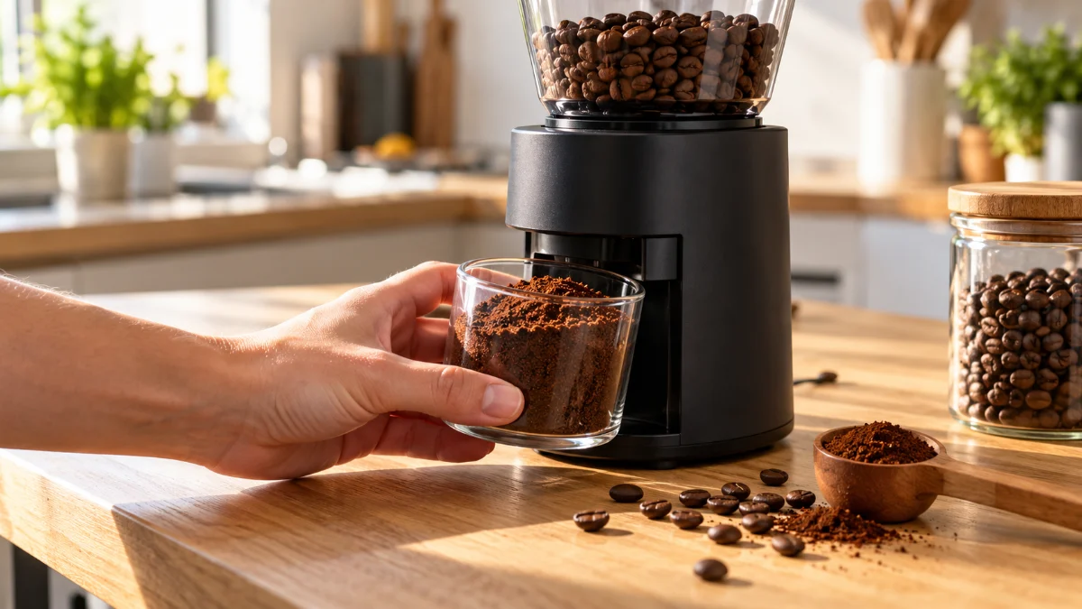 O mână scoate un recipient de sticlă plin cu cafea proaspăt măcinată de sub o râșniță electrică neagră, pe un blat de lemn cu boabe de cafea împrăștiate