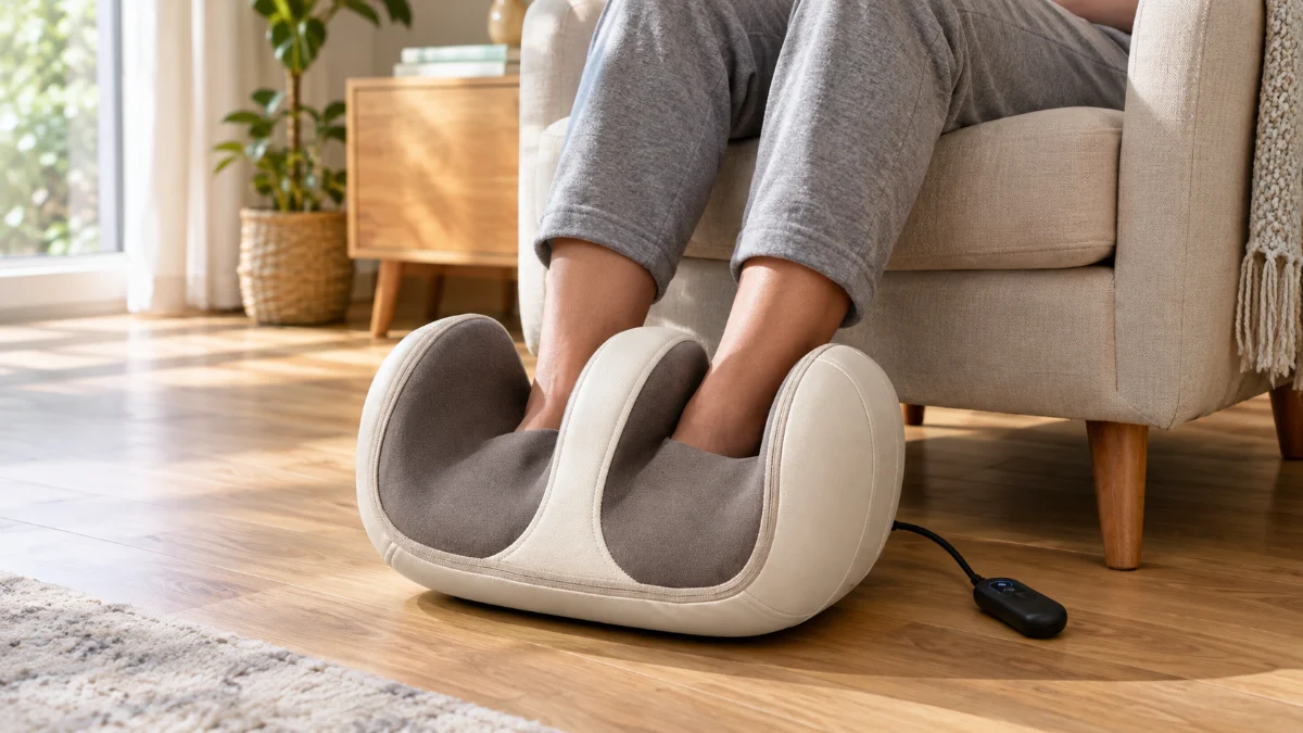 Tălpi și gambe introduse în aparatul de masaj shiatsu bej cu maro, de forma lui Rebel Active RBA-6006, pe parchetul unei sufragerii, cu telecomanda cu fir alături