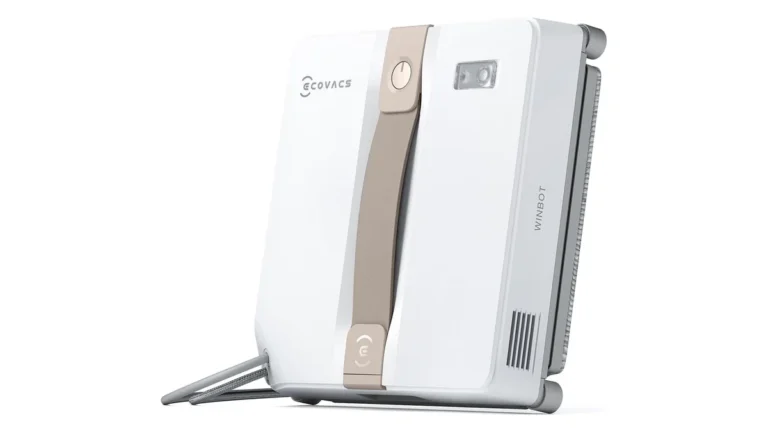 Robotul de geamuri Ecovacs WINBOT MINI, bej cu alb, așezat vertical pe suportul lui