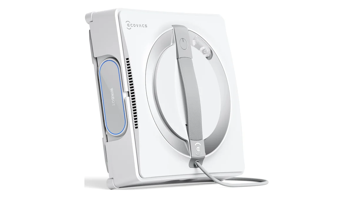 Robotul de geamuri Ecovacs WINBOT W2 PRO OMNI, alb, sprijinit pe stația lui portabilă