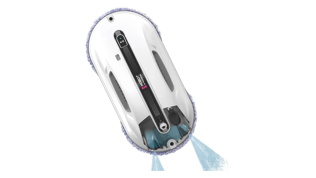 Robotul de geamuri HOBOT R3, alb, cu cele două duze care pulverizează apă pe geam
