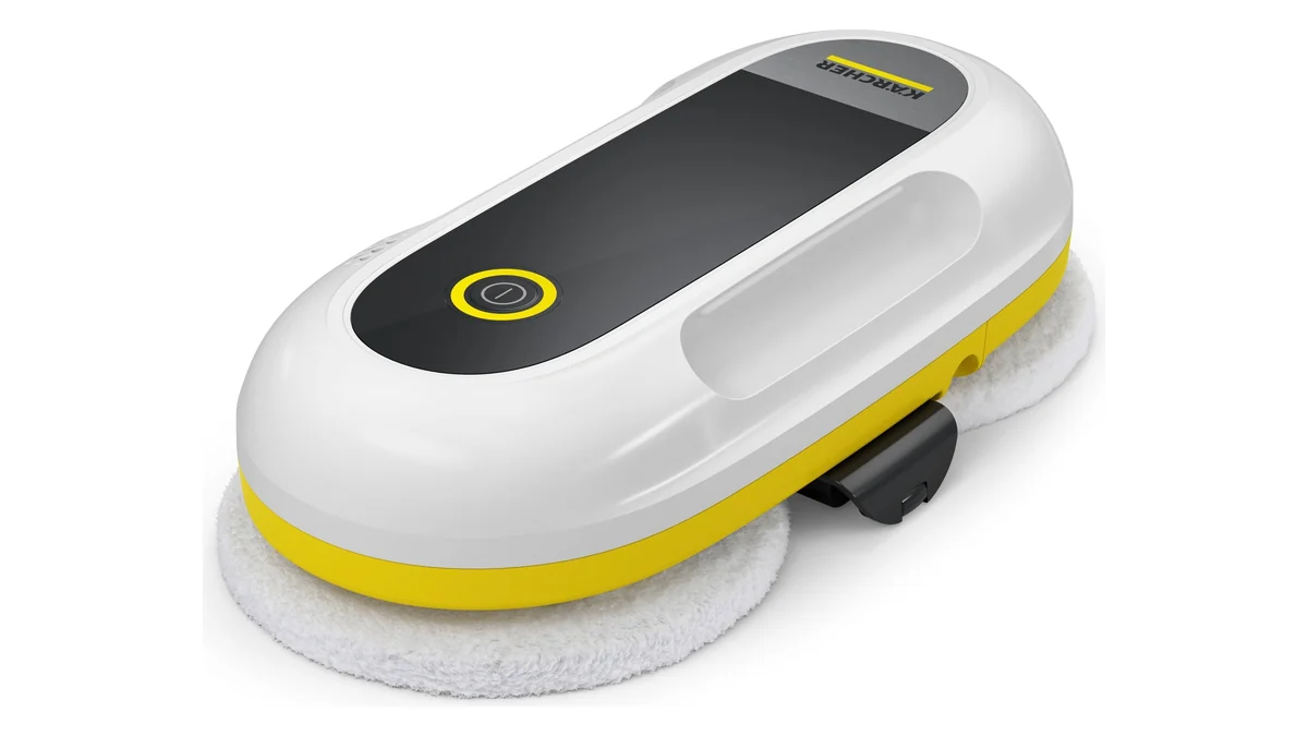 Robotul de geamuri Kärcher RCW 2, alb cu galben, cu cele două discuri cu lavete din microfibră