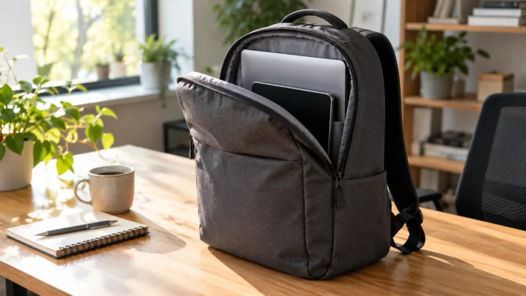 Un rucsac de laptop gri închis, deschis pe o masă de lemn într-un birou luminos, cu un laptop subțire și o tabletă în compartimentul principal