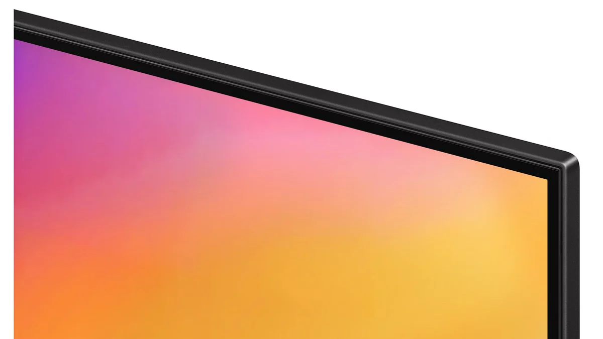 Colțul din dreapta sus al televizorului Samsung 50M72H, cu rama subțire neagră din metal și ecranul în degrade portocaliu și roz