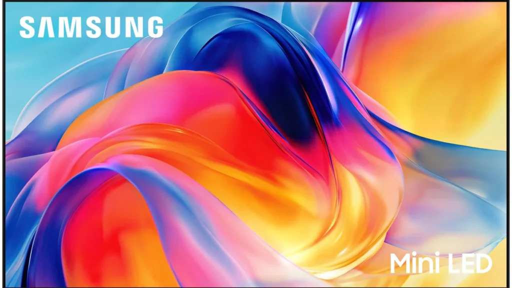 Televizorul Samsung 50M72H văzut din față, cu ecranul plin de culori în valuri și mențiunea Mini LED